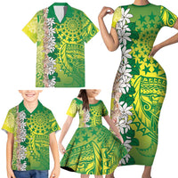 Cook Islands Tiare Maori With Conch Shell Family Matching Short Sleeve Bodycon Dress and Hawaiian Shirt Pasifika Fest Polynesian Tattoo Green