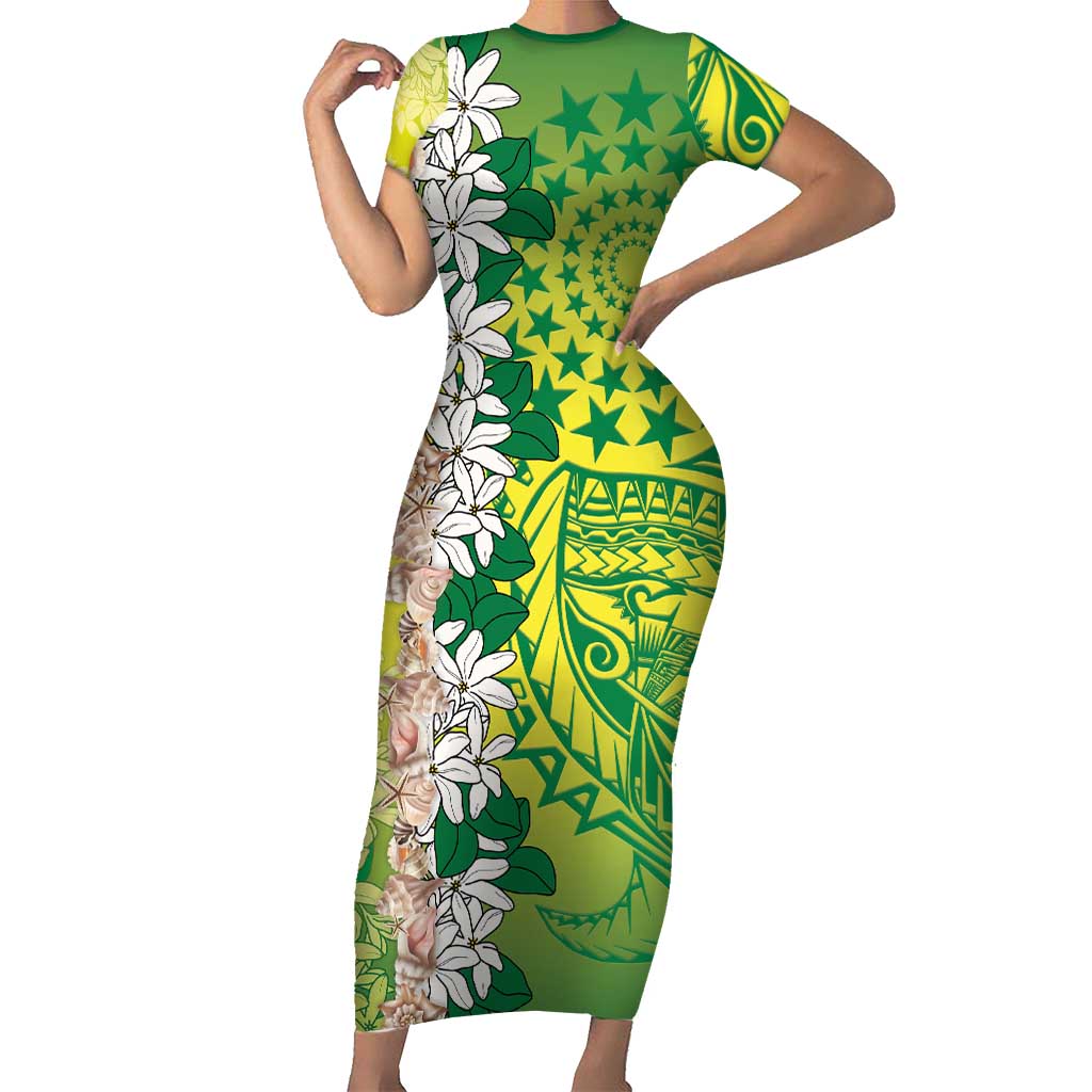 Cook Islands Tiare Maori With Conch Shell Family Matching Short Sleeve Bodycon Dress and Hawaiian Shirt Pasifika Fest Polynesian Tattoo Green