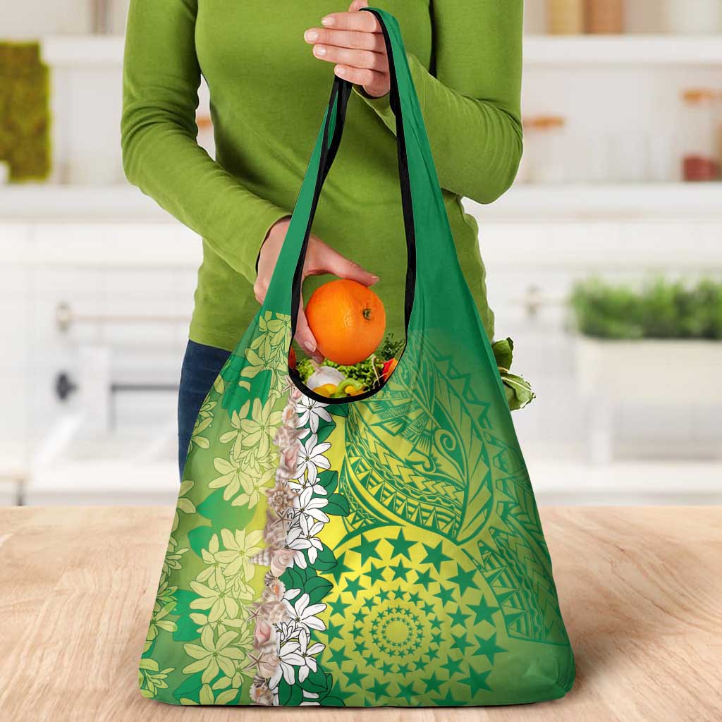 Cook Islands Tiare Maori With Conch Shell Grocery Bag Pasifika Fest Polynesian Tattoo Green LT14 - Polynesian Pride