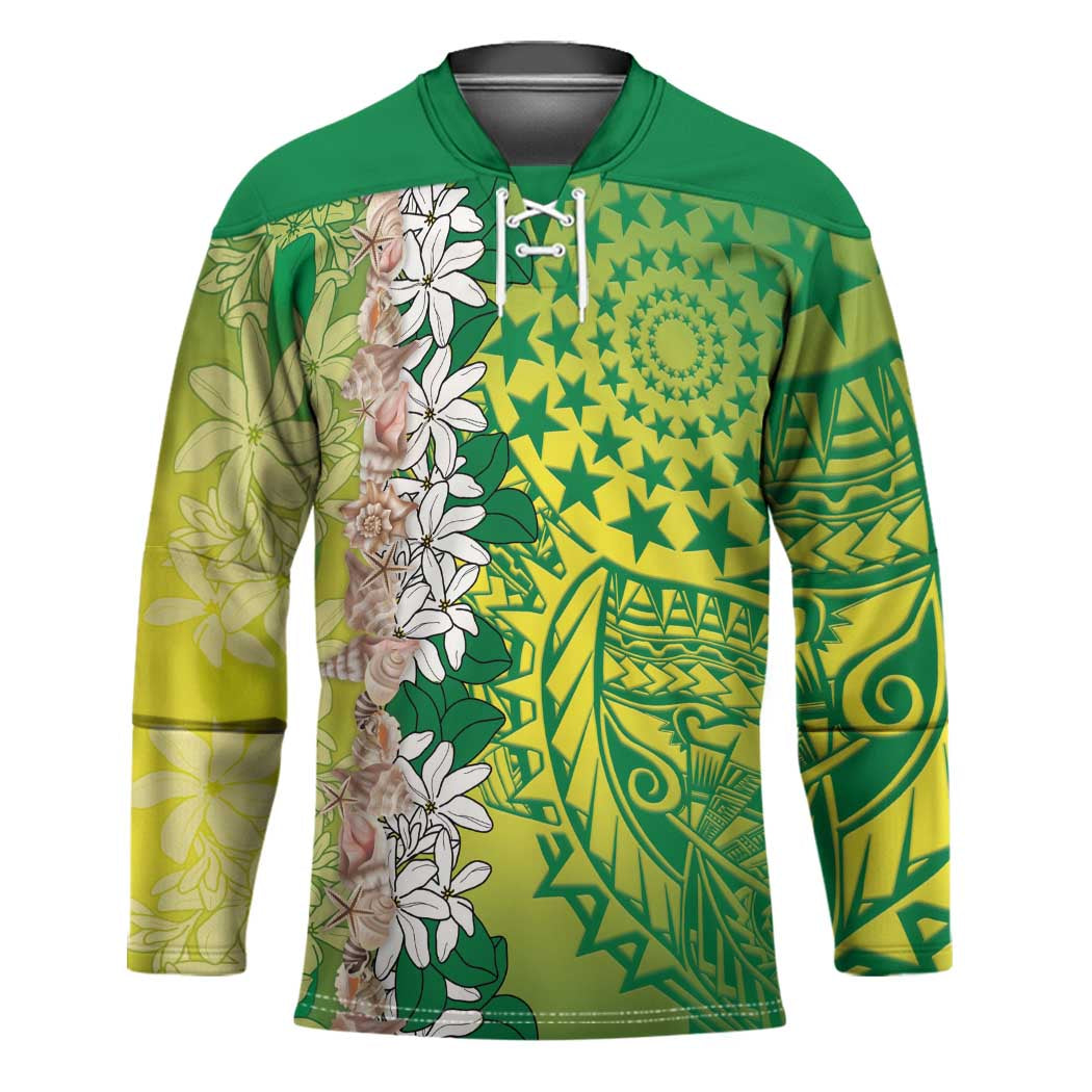 Cook Islands Tiare Maori With Conch Shell Hockey Jersey Pasifika Fest Polynesian Tattoo Green LT14 Unisex Green - Polynesian Pride