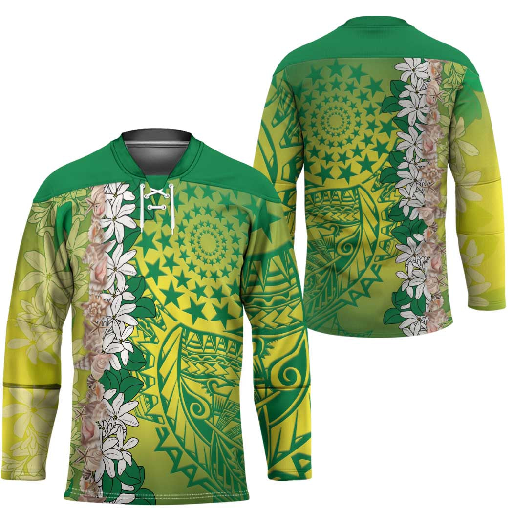 Cook Islands Tiare Maori With Conch Shell Hockey Jersey Pasifika Fest Polynesian Tattoo Green LT14 - Polynesian Pride