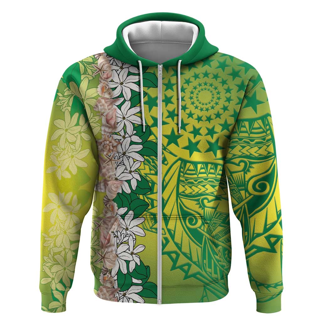 Cook Islands Tiare Maori With Conch Shell Hoodie Pasifika Fest Polynesian Tattoo Green LT14 Zip Hoodie Green - Polynesian Pride