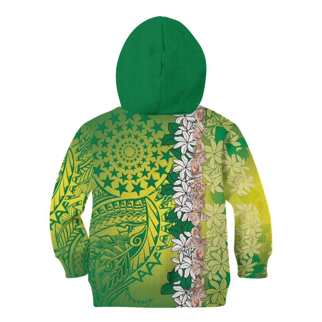 Cook Islands Tiare Maori With Conch Shell Kid Hoodie Pasifika Fest Polynesian Tattoo Green LT14 - Polynesian Pride