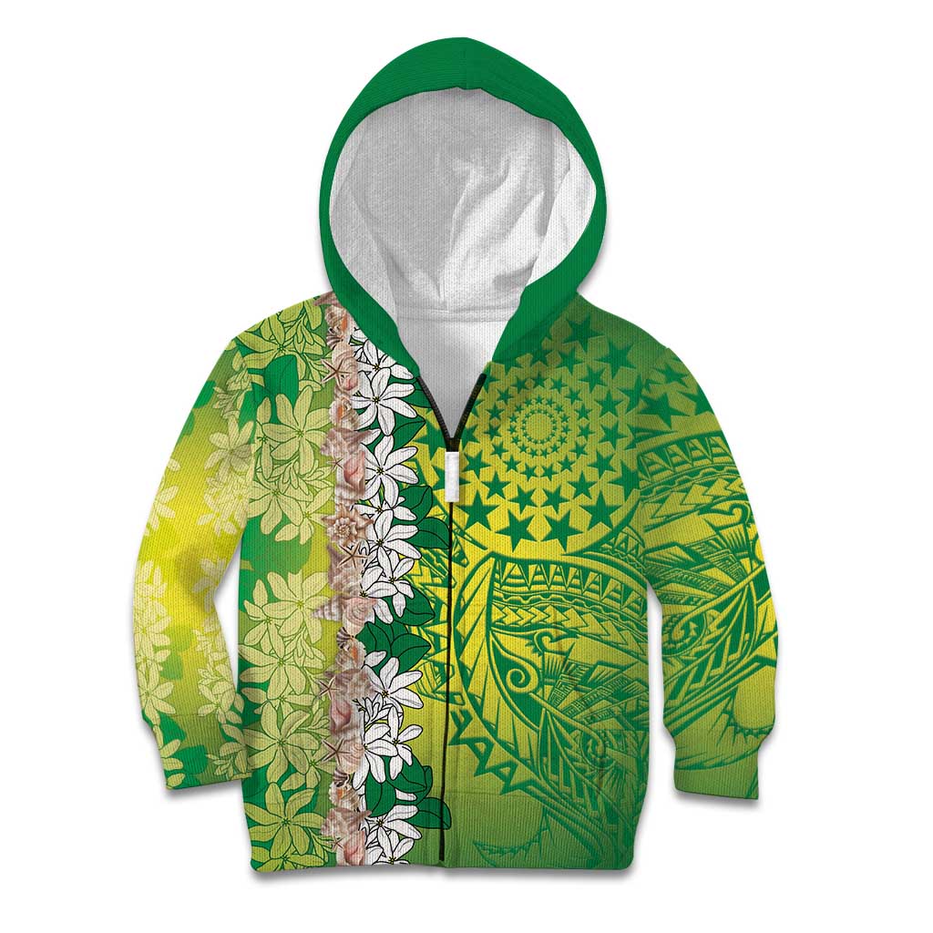 Cook Islands Tiare Maori With Conch Shell Kid Hoodie Pasifika Fest Polynesian Tattoo Green LT14 Zip Hoodie Green - Polynesian Pride