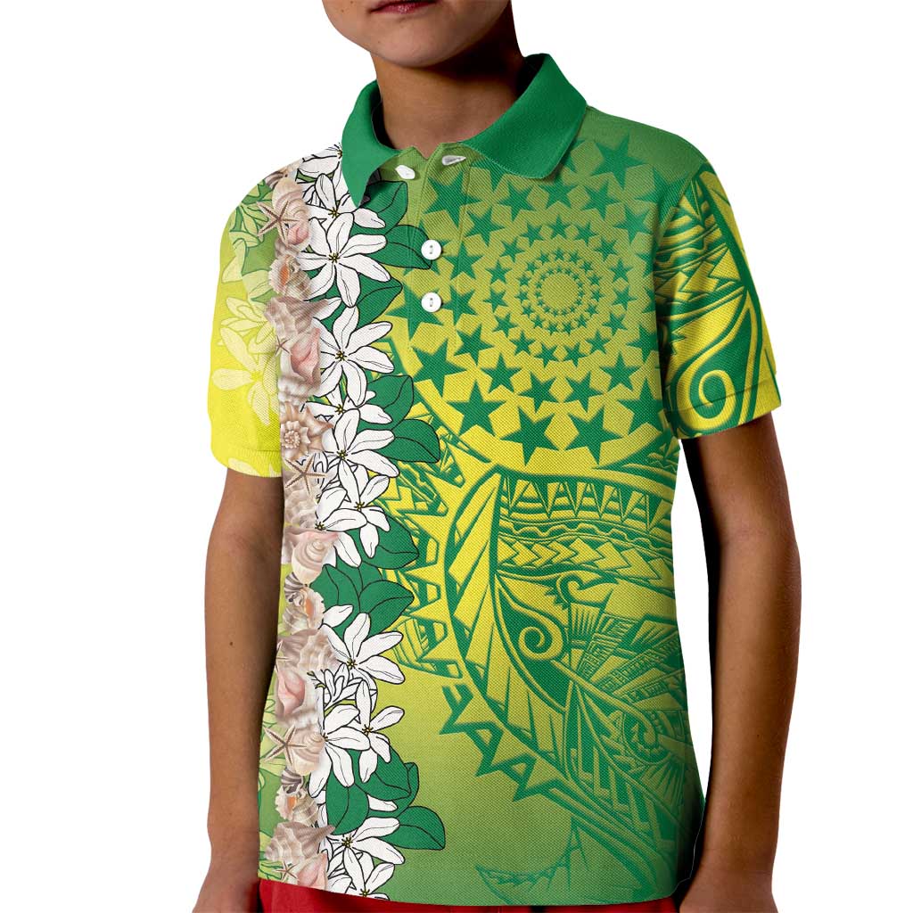 Cook Islands Tiare Maori With Conch Shell Kid Polo Shirt Pasifika Fest Polynesian Tattoo Green LT14 Kid Green - Polynesian Pride