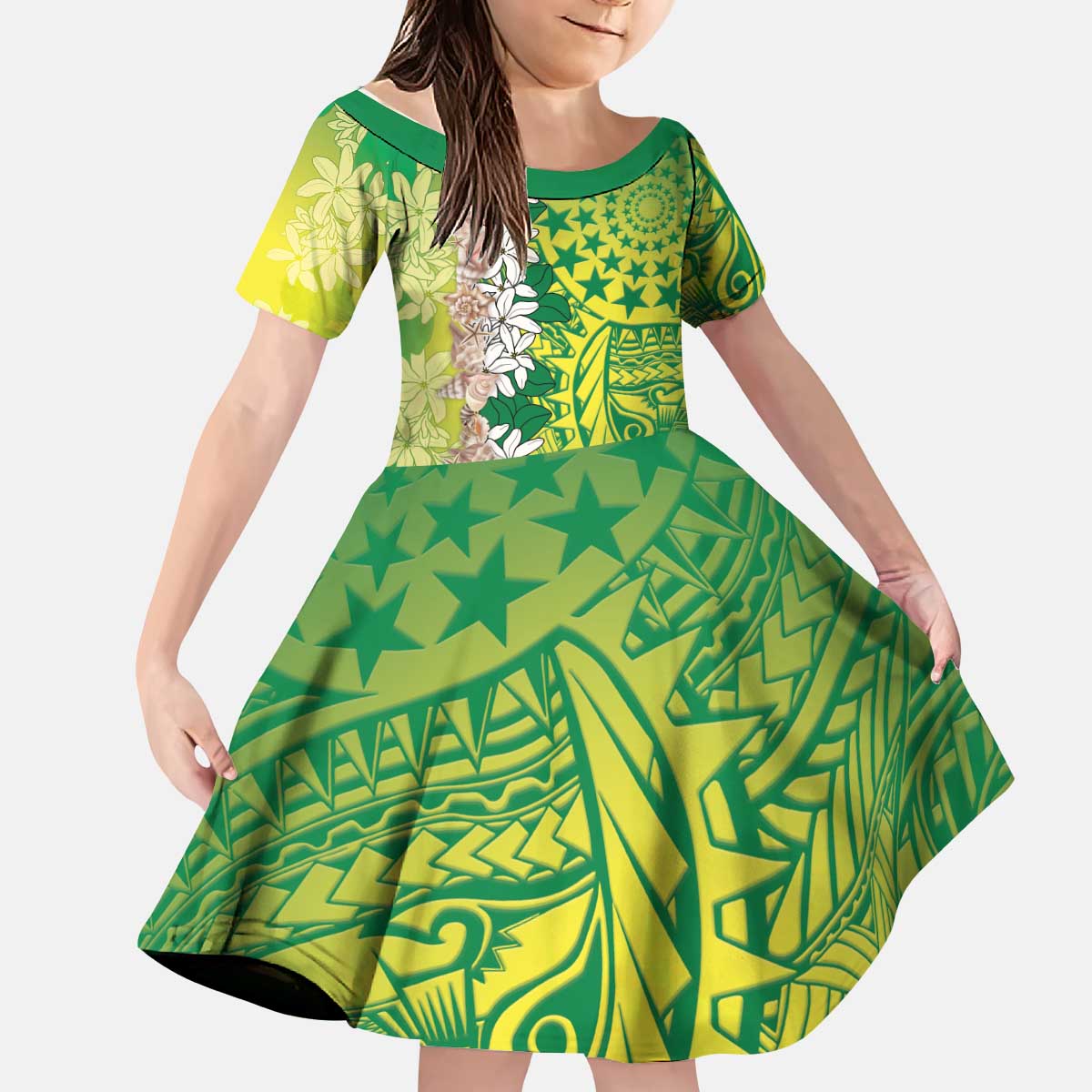 Cook Islands Tiare Maori With Conch Shell Kid Short Sleeve Dress Pasifika Fest Polynesian Tattoo Green LT14 KID Green - Polynesian Pride