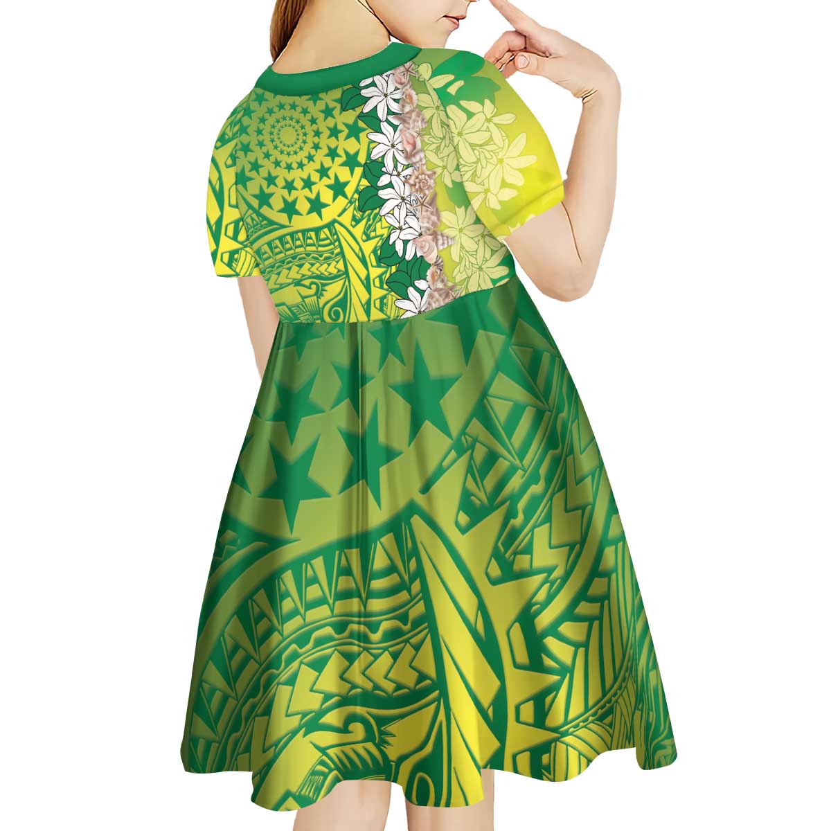 Cook Islands Tiare Maori With Conch Shell Kid Short Sleeve Dress Pasifika Fest Polynesian Tattoo Green LT14 - Polynesian Pride