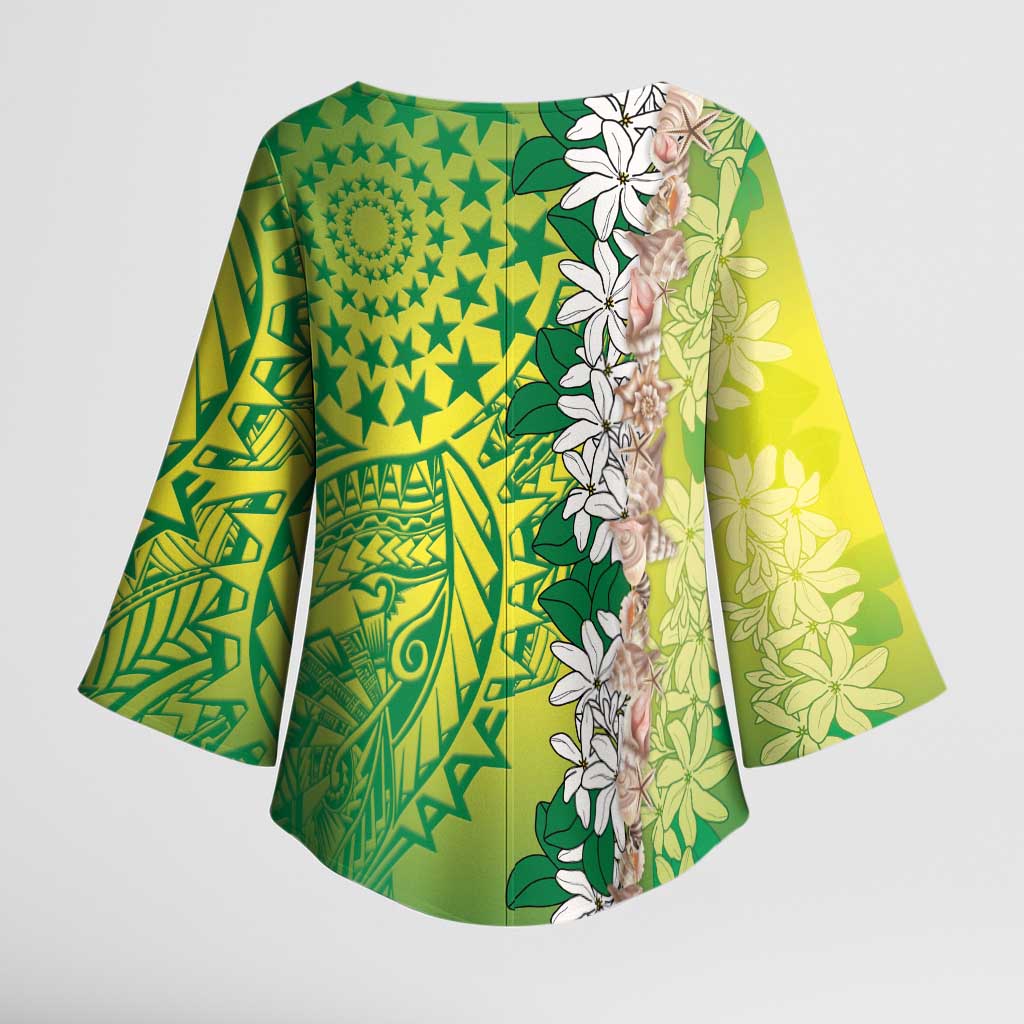 Cook Islands Tiare Maori With Conch Shell Kimono Sleeve Blouse Pasifika Fest Polynesian Tattoo Green LT14 - Polynesian Pride