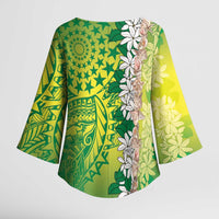 Cook Islands Tiare Maori With Conch Shell Kimono Sleeve Blouse Pasifika Fest Polynesian Tattoo Green LT14 - Polynesian Pride