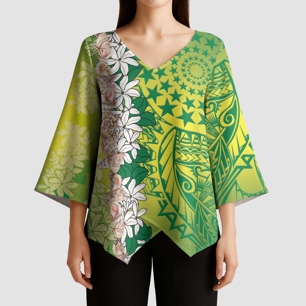 Cook Islands Tiare Maori With Conch Shell Kimono Sleeve Blouse Pasifika Fest Polynesian Tattoo Green LT14 - Polynesian Pride