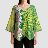 Cook Islands Tiare Maori With Conch Shell Kimono Sleeve Blouse Pasifika Fest Polynesian Tattoo Green LT14 - Polynesian Pride