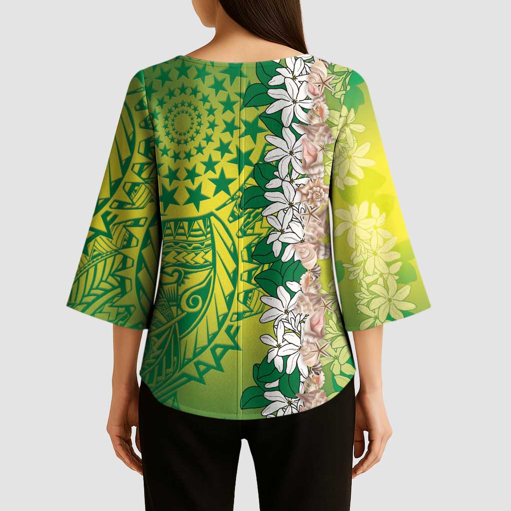 Cook Islands Tiare Maori With Conch Shell Kimono Sleeve Blouse Pasifika Fest Polynesian Tattoo Green LT14 - Polynesian Pride
