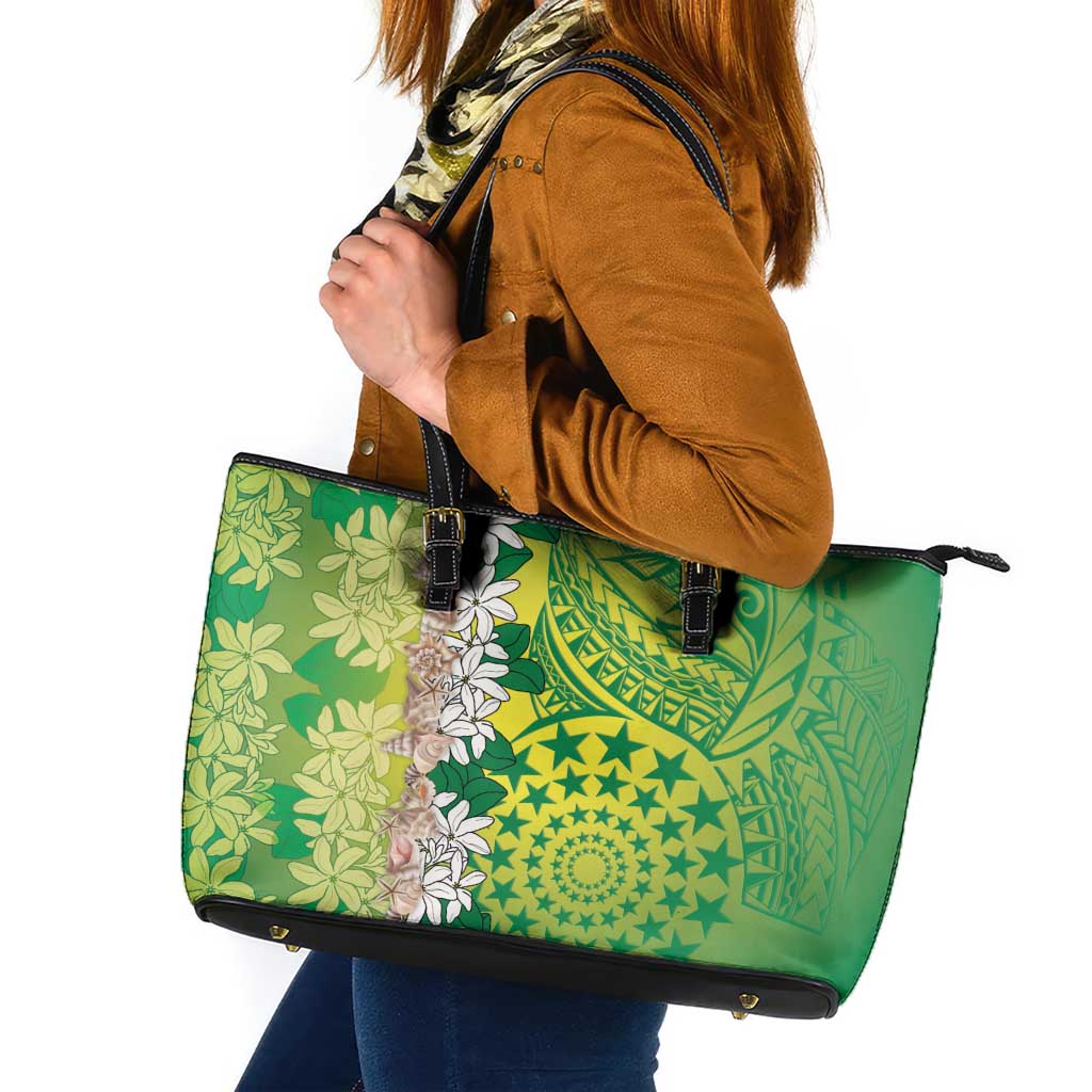 Cook Islands Tiare Maori With Conch Shell Leather Tote Bag Pasifika Fest Polynesian Tattoo Green LT14 Green - Polynesian Pride