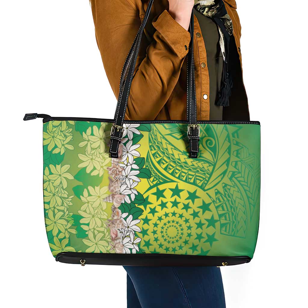 Cook Islands Tiare Maori With Conch Shell Leather Tote Bag Pasifika Fest Polynesian Tattoo Green LT14 - Polynesian Pride