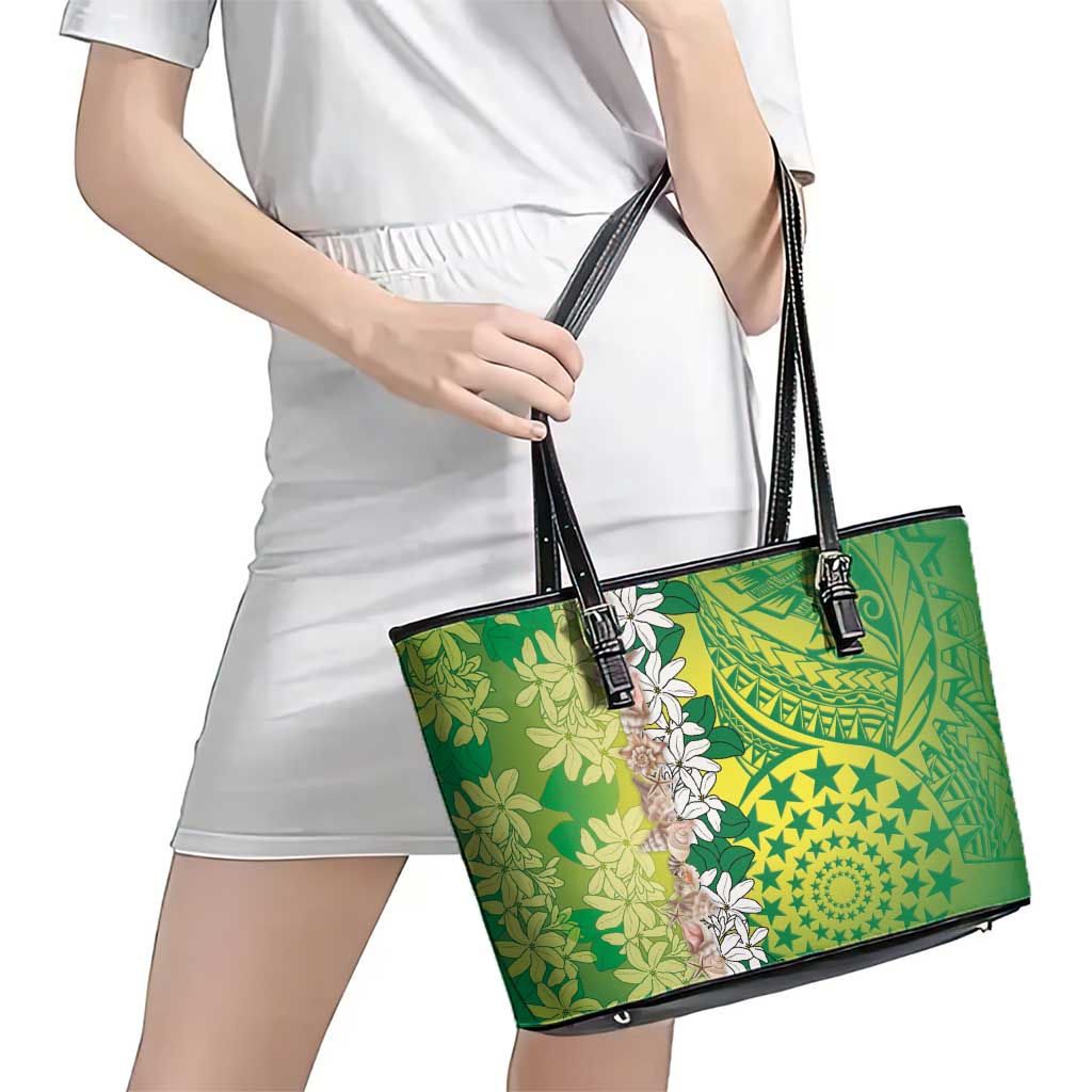 Cook Islands Tiare Maori With Conch Shell Leather Tote Bag Pasifika Fest Polynesian Tattoo Green LT14 - Polynesian Pride