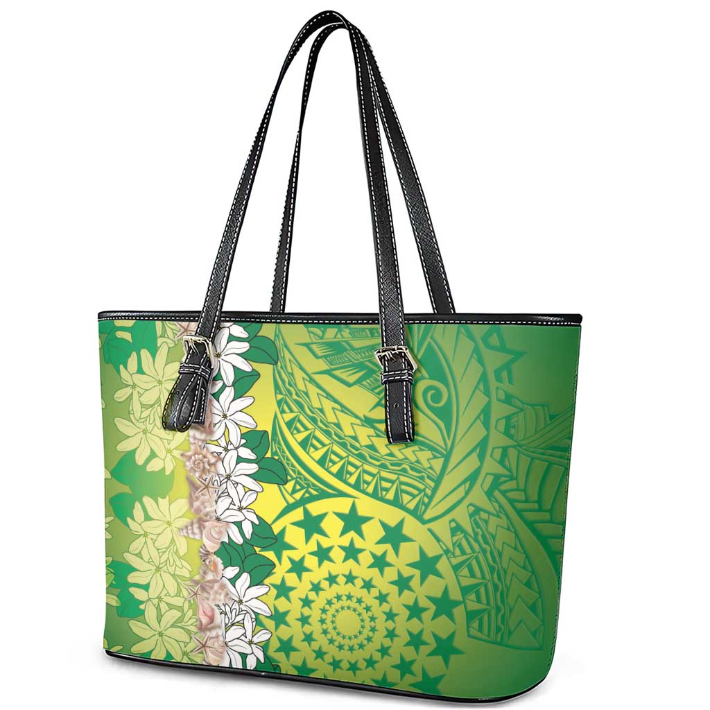 Cook Islands Tiare Maori With Conch Shell Leather Tote Bag Pasifika Fest Polynesian Tattoo Green LT14 - Polynesian Pride
