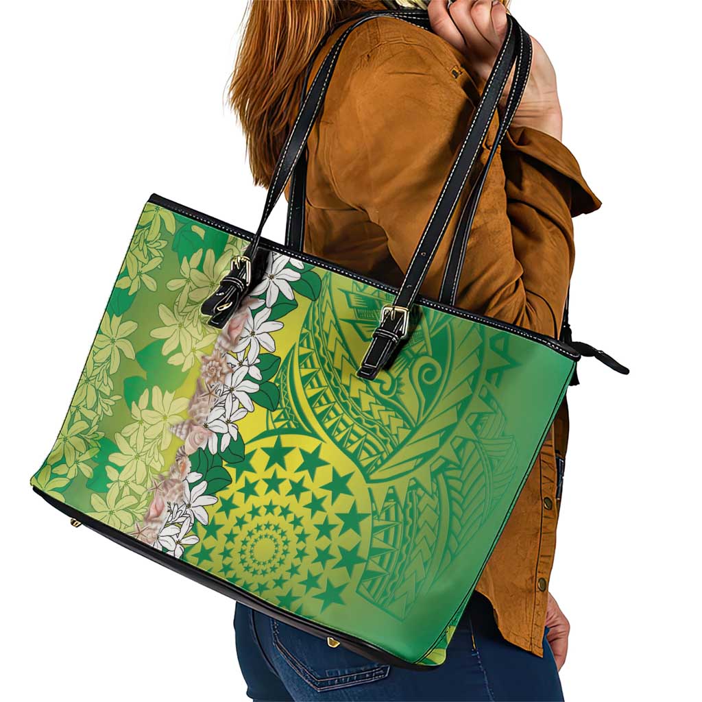Cook Islands Tiare Maori With Conch Shell Leather Tote Bag Pasifika Fest Polynesian Tattoo Green LT14 - Polynesian Pride