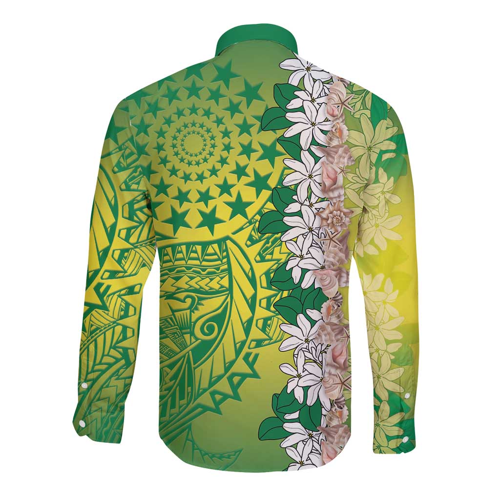 Cook Islands Tiare Maori With Conch Shell Long Sleeve Button Shirt Pasifika Fest Polynesian Tattoo Green LT14 - Polynesian Pride
