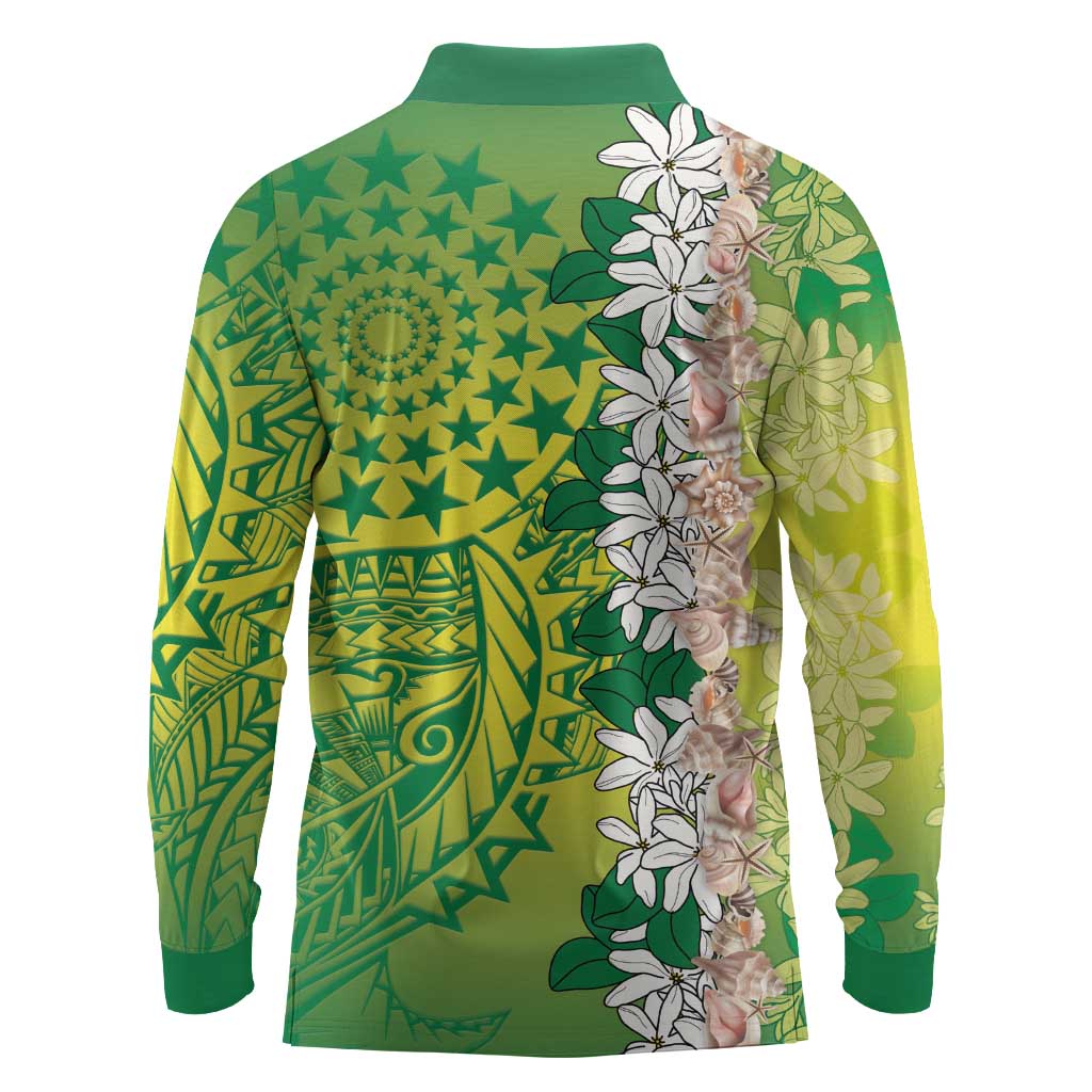Cook Islands Tiare Maori With Conch Shell Long Sleeve Polo Shirt Pasifika Fest Polynesian Tattoo Green LT14 - Polynesian Pride