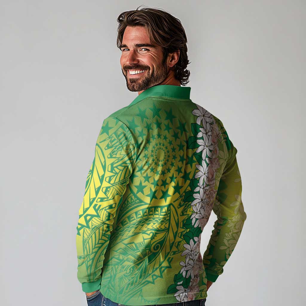 Cook Islands Tiare Maori With Conch Shell Long Sleeve Polo Shirt Pasifika Fest Polynesian Tattoo Green LT14 - Polynesian Pride