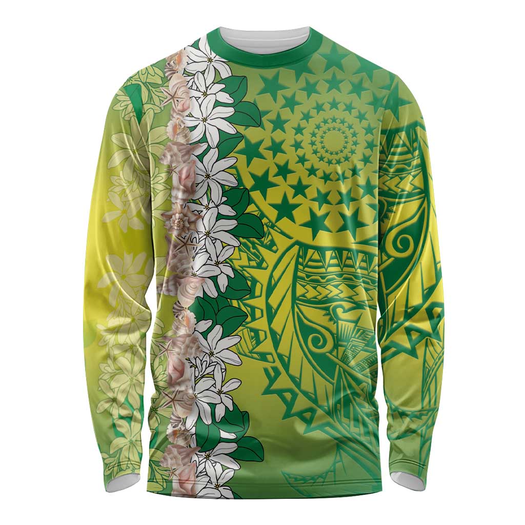 Cook Islands Tiare Maori With Conch Shell Long Sleeve Shirt Pasifika Fest Polynesian Tattoo Green