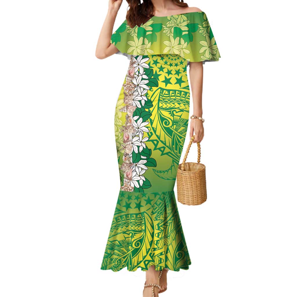 Cook Islands Tiare Maori With Conch Shell Mermaid Dress Pasifika Fest Polynesian Tattoo Green LT14 Women Green - Polynesian Pride