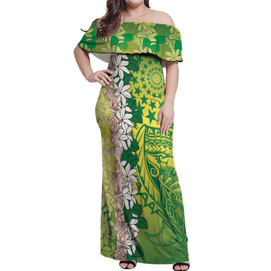 Cook Islands Tiare Maori With Conch Shell Off Shoulder Maxi Dress Pasifika Fest Polynesian Tattoo Green LT14 Women Green - Polynesian Pride