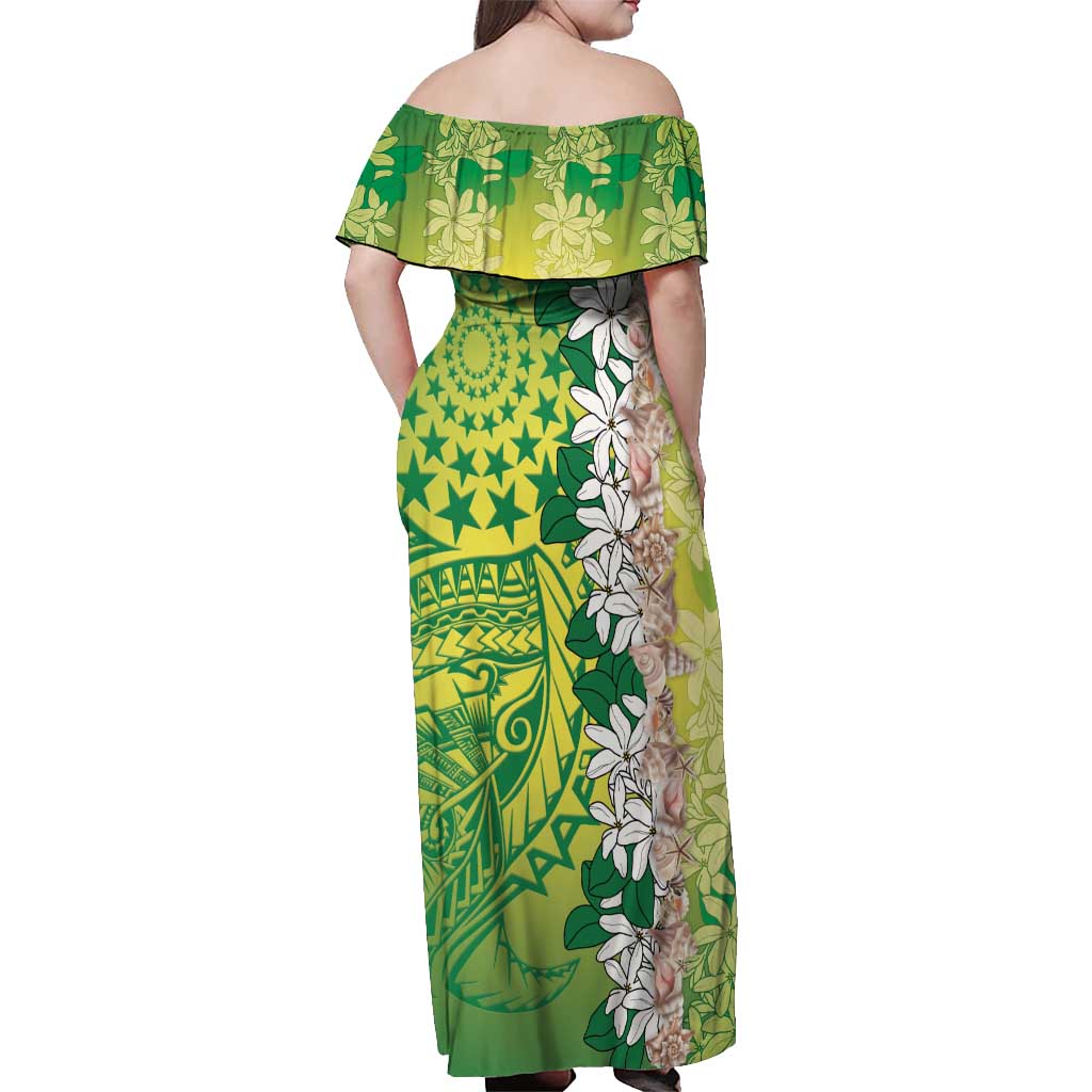 Cook Islands Tiare Maori With Conch Shell Off Shoulder Maxi Dress Pasifika Fest Polynesian Tattoo Green LT14 - Polynesian Pride