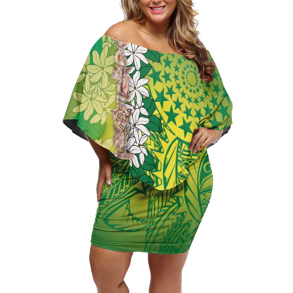Cook Islands Tiare Maori With Conch Shell Off Shoulder Short Dress Pasifika Fest Polynesian Tattoo Green LT14 Women Green - Polynesian Pride