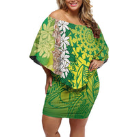 Cook Islands Tiare Maori With Conch Shell Off Shoulder Short Dress Pasifika Fest Polynesian Tattoo Green LT14 Women Green - Polynesian Pride