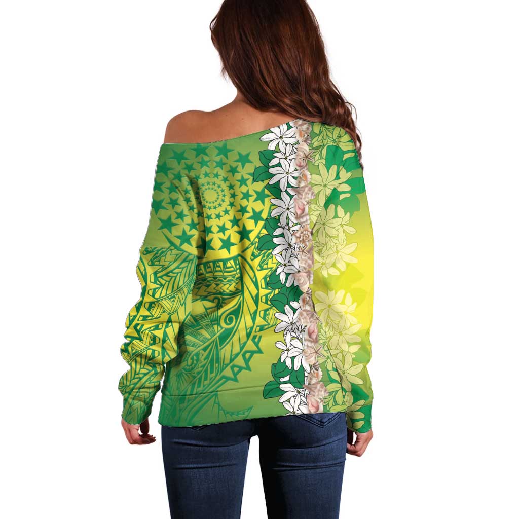 Cook Islands Tiare Maori With Conch Shell Off Shoulder Sweater Pasifika Fest Polynesian Tattoo Green LT14 - Polynesian Pride