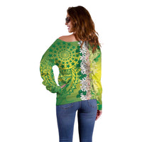 Cook Islands Tiare Maori With Conch Shell Off Shoulder Sweater Pasifika Fest Polynesian Tattoo Green LT14 - Polynesian Pride