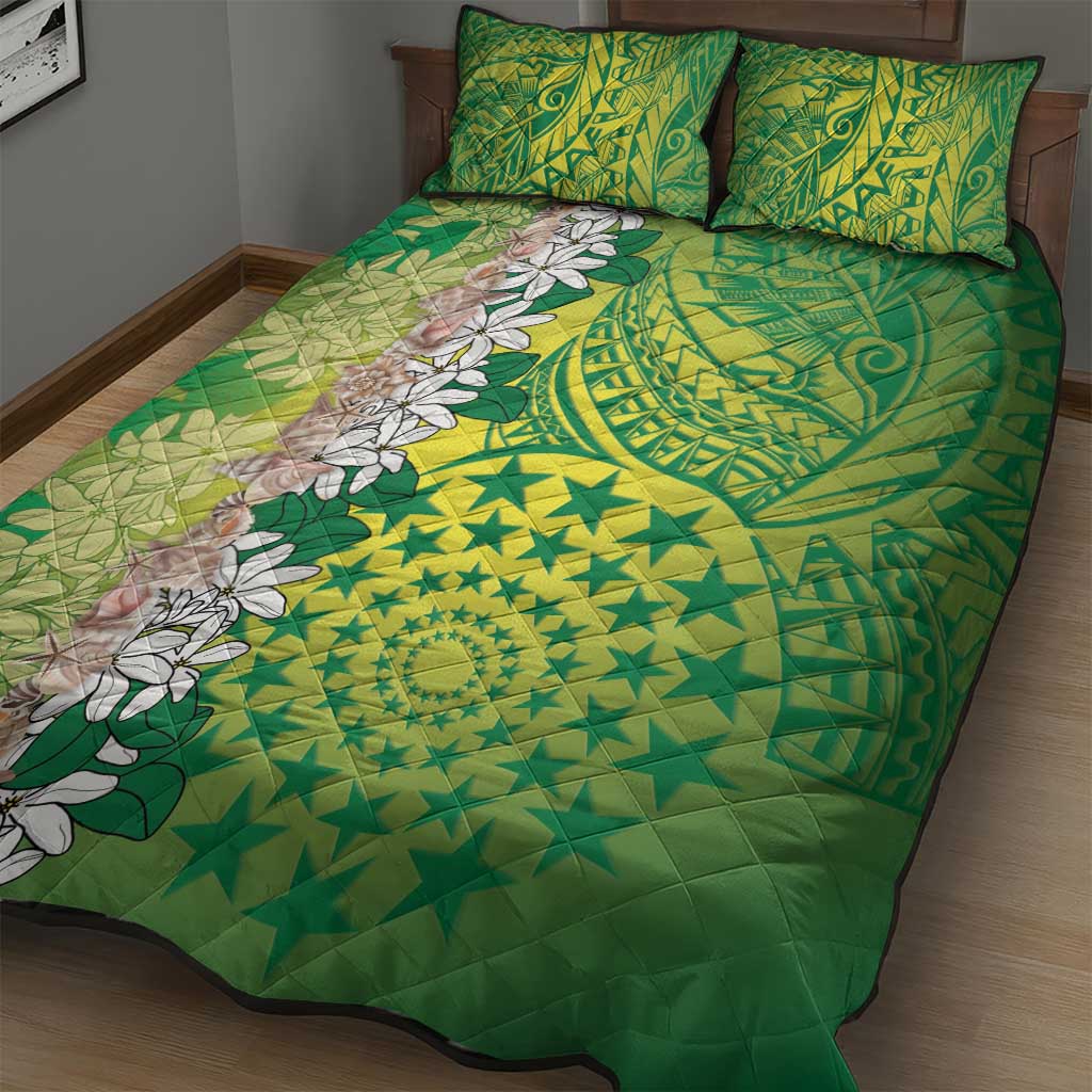 Cook Islands Tiare Maori With Conch Shell Quilt Bed Set Pasifika Fest Polynesian Tattoo Green LT14 - Polynesian Pride
