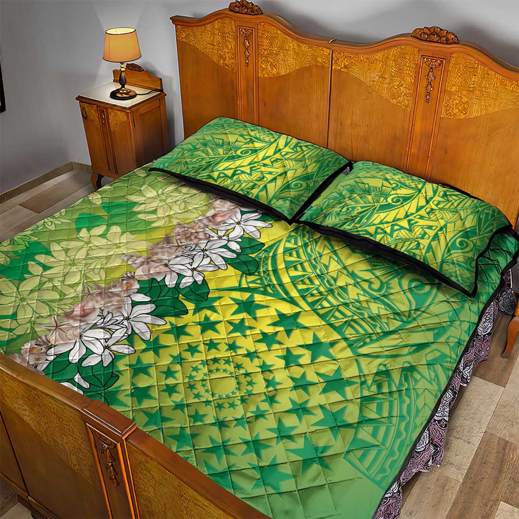 Cook Islands Tiare Maori With Conch Shell Quilt Bed Set Pasifika Fest Polynesian Tattoo Green LT14 - Polynesian Pride