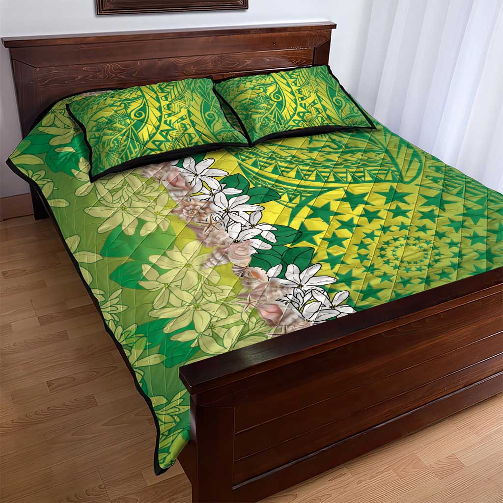 Cook Islands Tiare Maori With Conch Shell Quilt Bed Set Pasifika Fest Polynesian Tattoo Green LT14 - Polynesian Pride