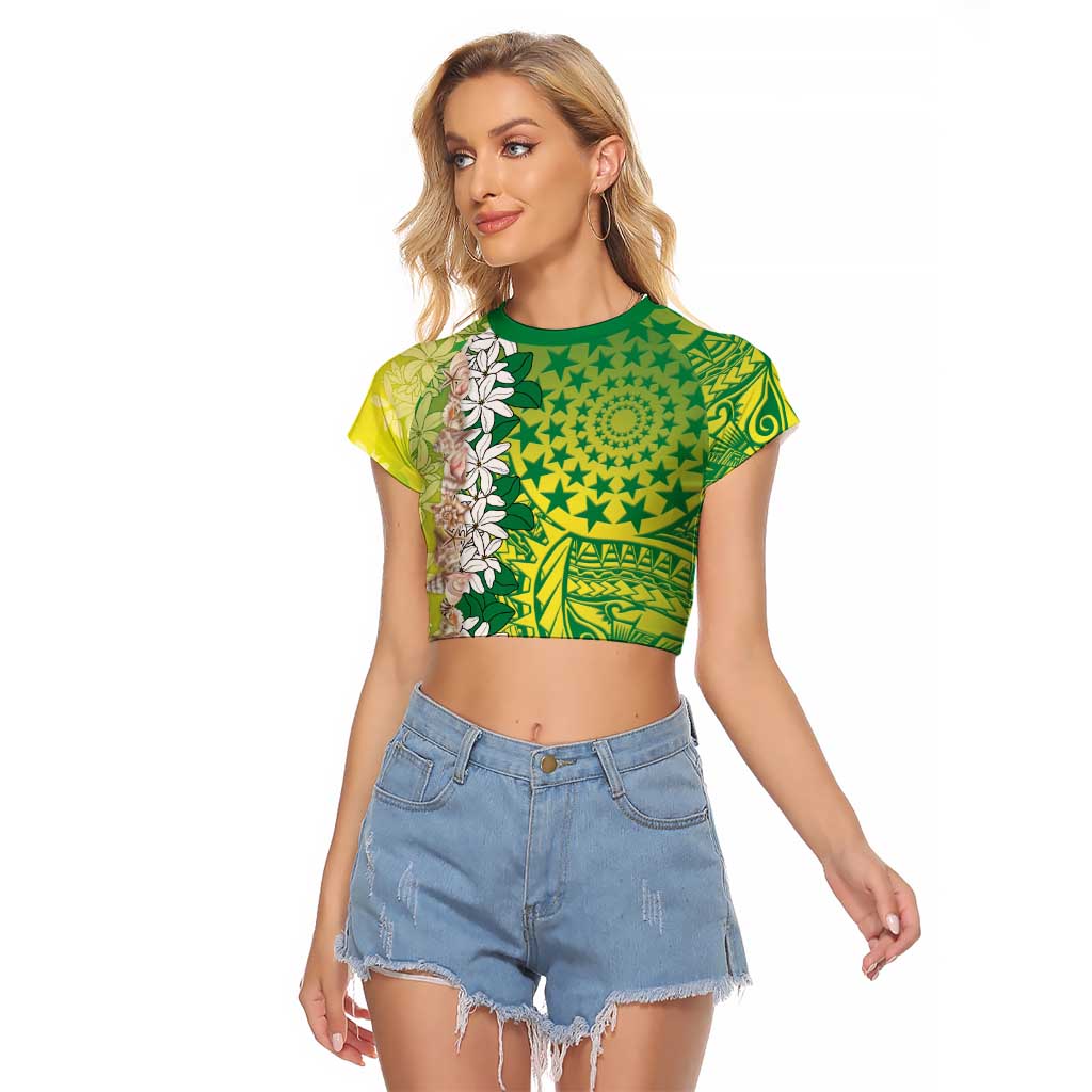Cook Islands Tiare Maori With Conch Shell Raglan Cropped T Shirt Pasifika Fest Polynesian Tattoo Green LT14 Female Green - Polynesian Pride