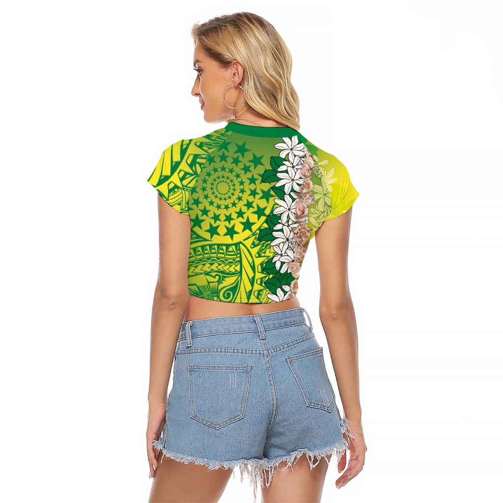 Cook Islands Tiare Maori With Conch Shell Raglan Cropped T Shirt Pasifika Fest Polynesian Tattoo Green LT14 - Polynesian Pride