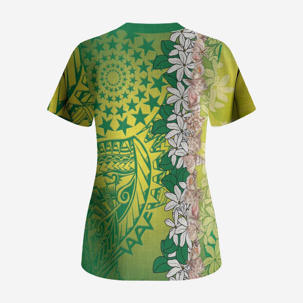 Cook Islands Tiare Maori With Conch Shell Scrub Top Pasifika Fest Polynesian Tattoo Green LT14 - Polynesian Pride