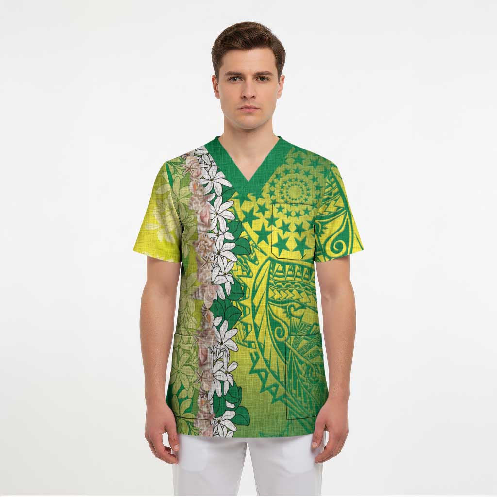 Cook Islands Tiare Maori With Conch Shell Scrub Top Pasifika Fest Polynesian Tattoo Green LT14 - Polynesian Pride
