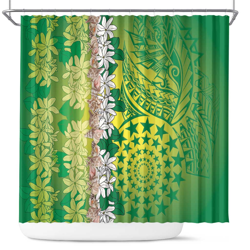 Cook Islands Tiare Maori With Conch Shell Shower Curtain Pasifika Fest Polynesian Tattoo Green LT14 Green - Polynesian Pride