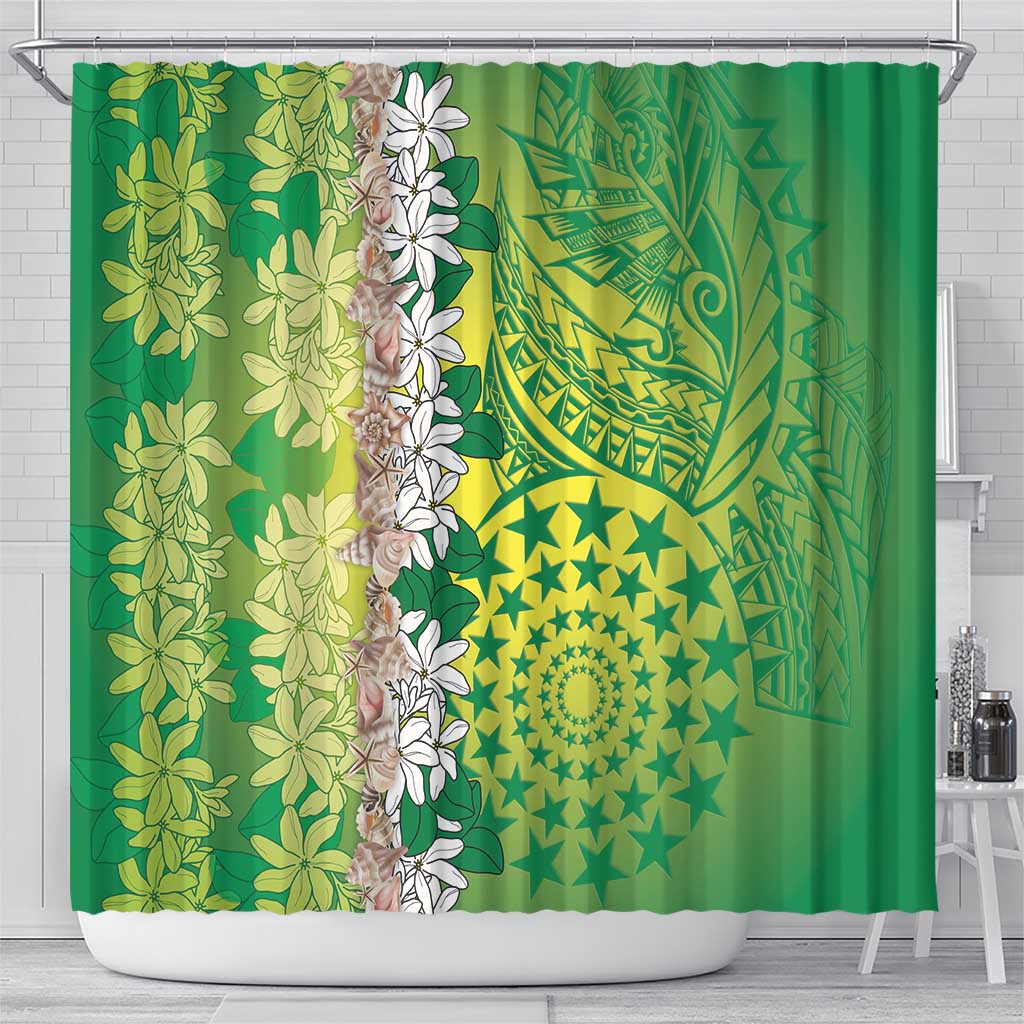 Cook Islands Tiare Maori With Conch Shell Shower Curtain Pasifika Fest Polynesian Tattoo Green LT14 - Polynesian Pride