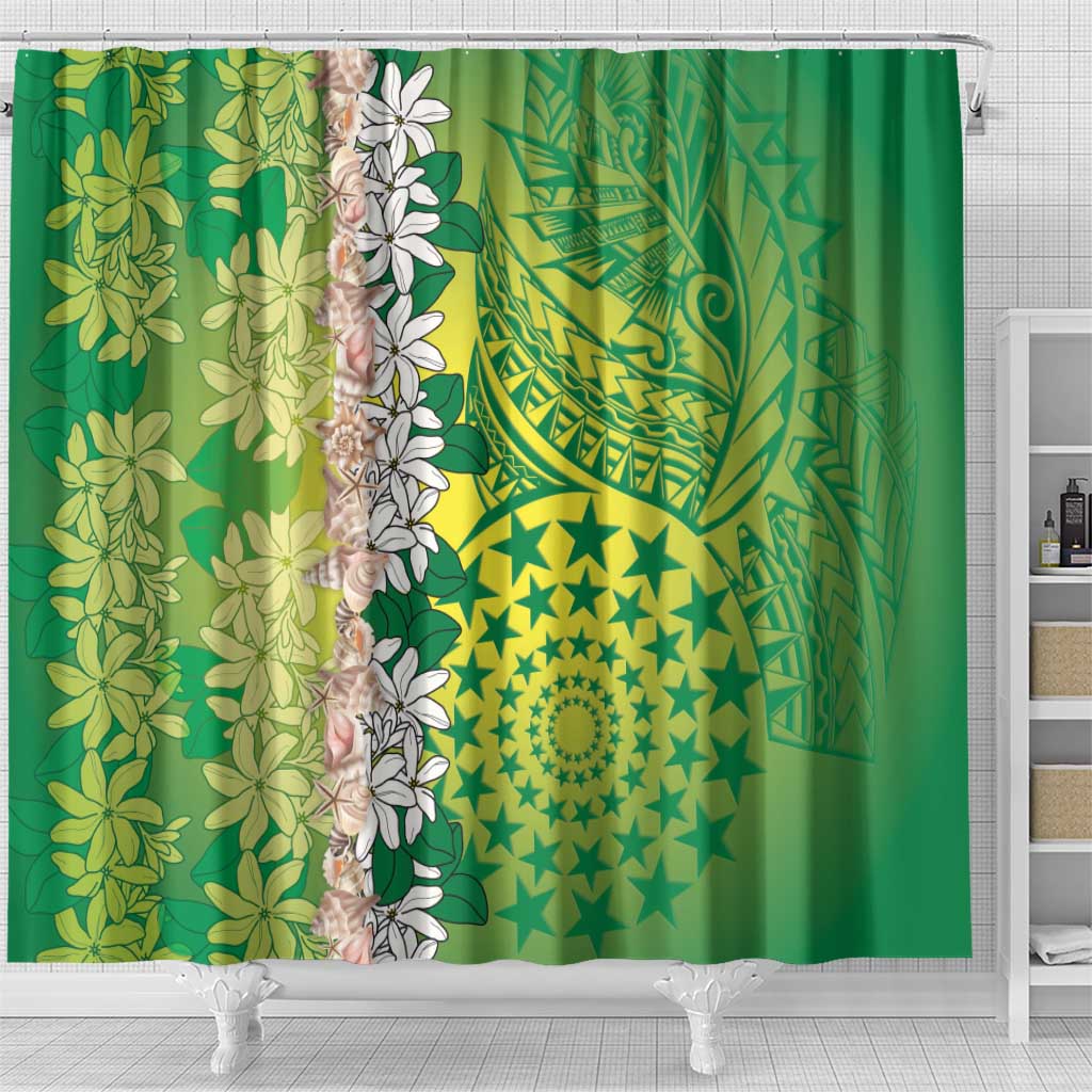 Cook Islands Tiare Maori With Conch Shell Shower Curtain Pasifika Fest Polynesian Tattoo Green LT14 - Polynesian Pride
