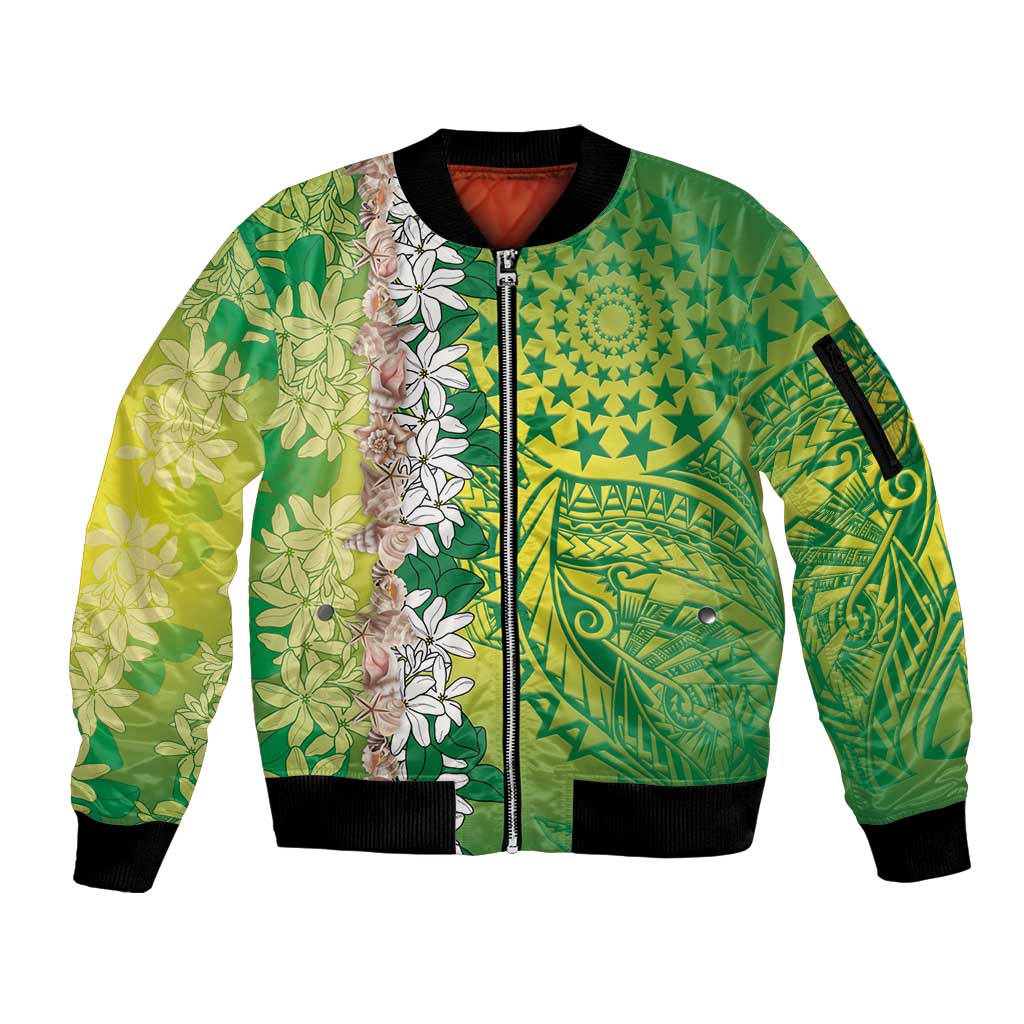 Cook Islands Tiare Maori With Conch Shell Sleeve Zip Bomber Jacket Pasifika Fest Polynesian Tattoo Green LT14 Unisex Green - Polynesian Pride