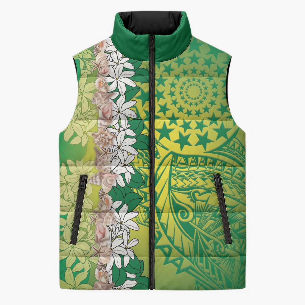 Cook Islands Tiare Maori With Conch Shell Sleeveless Puffer Jacket Pasifika Fest Polynesian Tattoo Green LT14 Unisex Green - Polynesian Pride