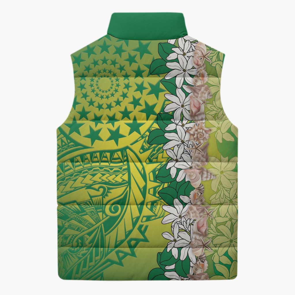 Cook Islands Tiare Maori With Conch Shell Sleeveless Puffer Jacket Pasifika Fest Polynesian Tattoo Green LT14 - Polynesian Pride