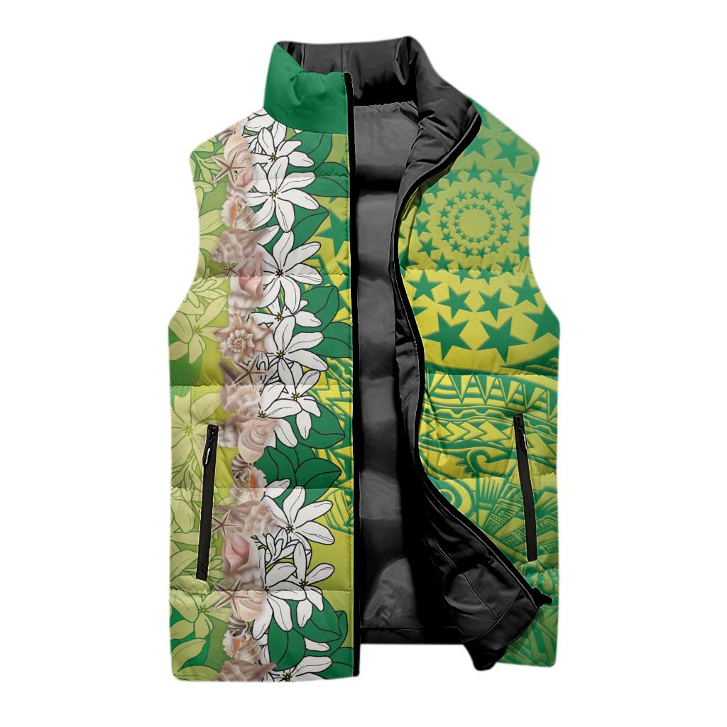 Cook Islands Tiare Maori With Conch Shell Sleeveless Puffer Jacket Pasifika Fest Polynesian Tattoo Green LT14 - Polynesian Pride