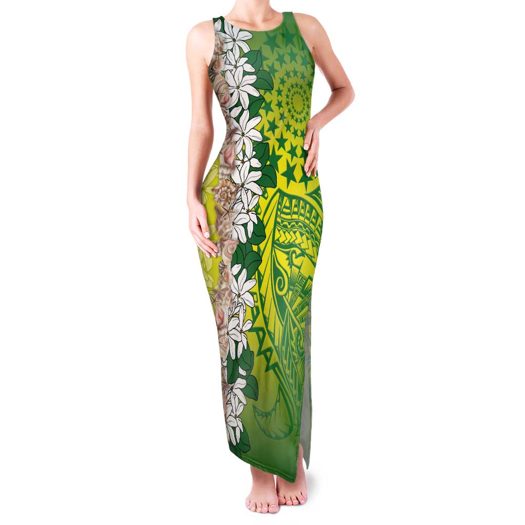 Cook Islands Tiare Maori With Conch Shell Tank Maxi Dress Pasifika Fest Polynesian Tattoo Green LT14 Women Green - Polynesian Pride