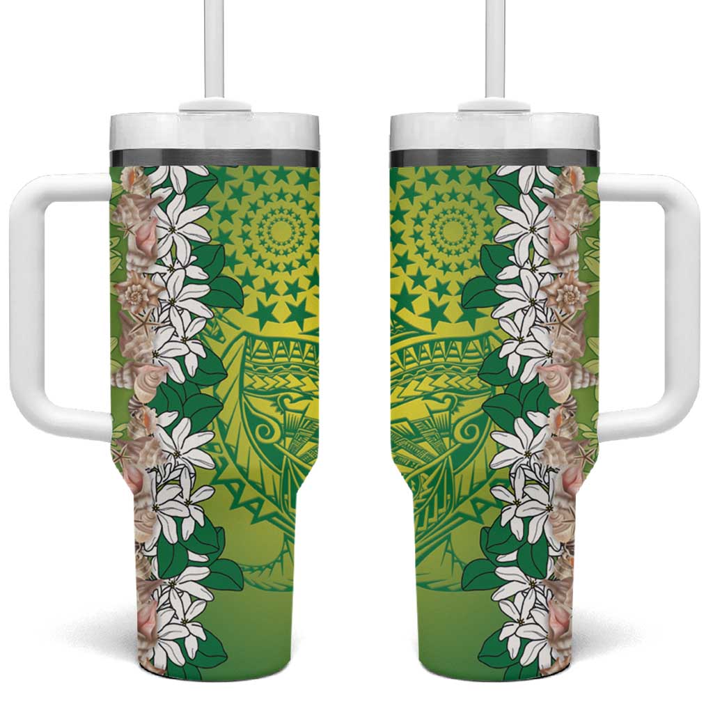 Cook Islands Tiare Maori With Conch Shell Tumbler With Handle Pasifika Fest Polynesian Tattoo Green LT14 One Size: 40 oz Green - Polynesian Pride