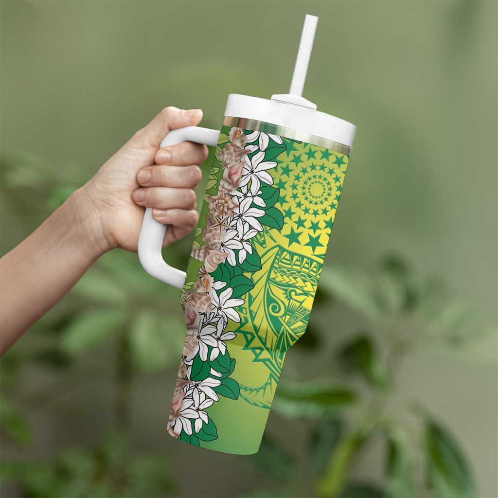 Cook Islands Tiare Maori With Conch Shell Tumbler With Handle Pasifika Fest Polynesian Tattoo Green LT14 - Polynesian Pride