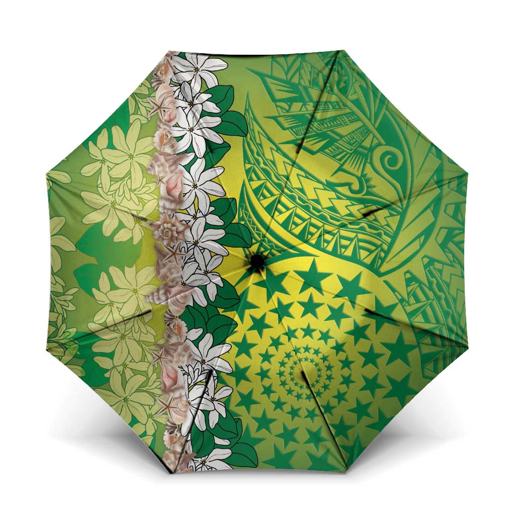 Cook Islands Tiare Maori With Conch Shell Umbrella Pasifika Fest Polynesian Tattoo Green LT14 One Size Folded 11.42 inch Opened Diameter 37.4 inch Green - Polynesian Pride